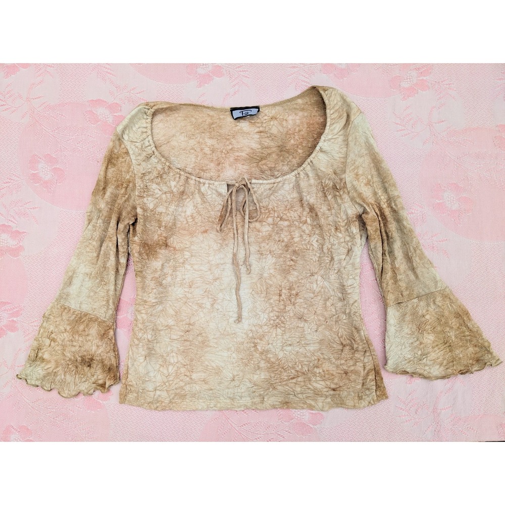 Vintage Y2K Milkmaid Peasant Top XL Tan Cottagecore Fairycore Bell Sleeve Boho